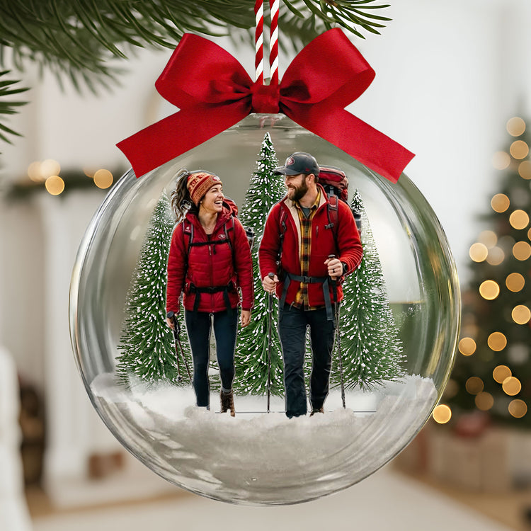 Custom Photo Hiking Snow Ball Ornament, Gift For Hiking Trekking Lover, Mountain Hiking Gift For Hiker, Mountain Climber - Personalized Ornament 2