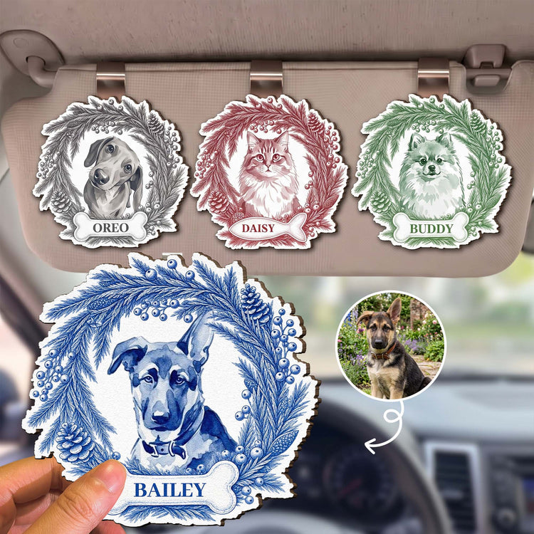Custom Photo Pet Christmas Memorial, Dog Cat Christmas Photo, Pet Portrait Custom Name Gift - Personalized Car Visor Clip 1