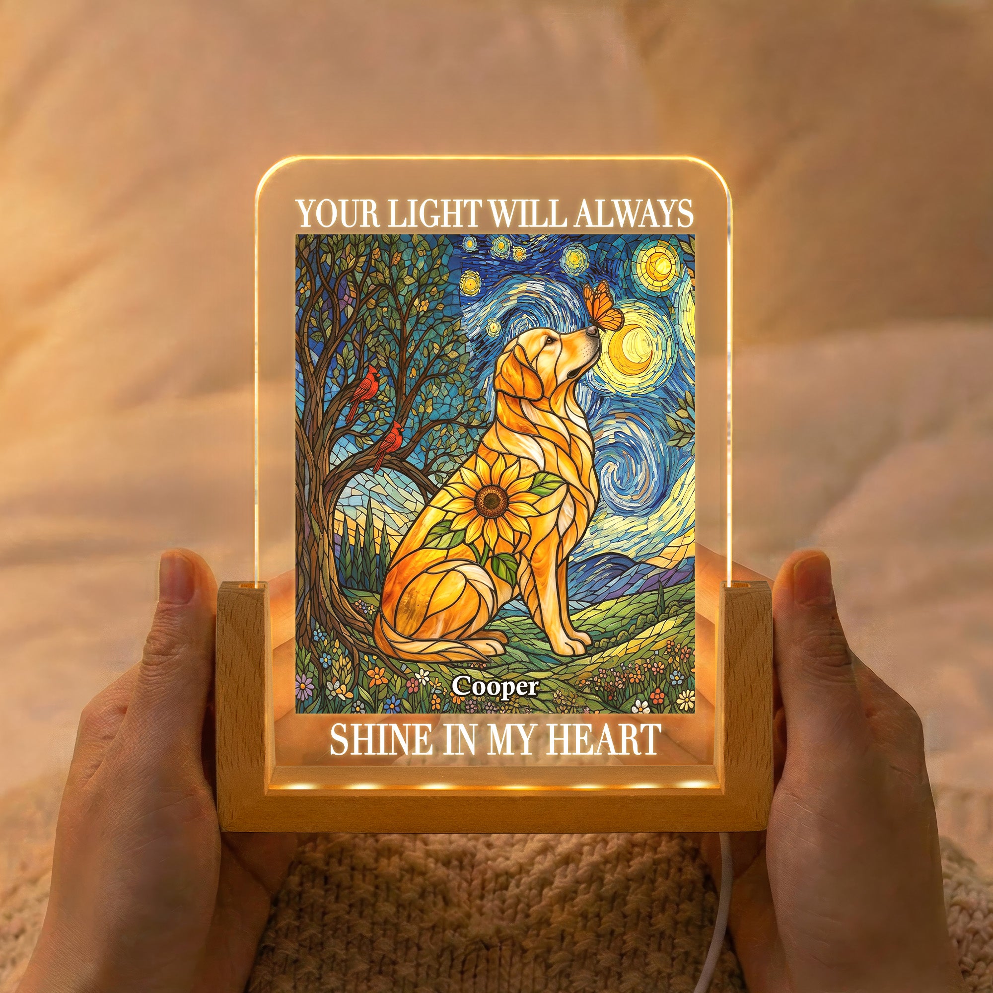 Custom Photo Pet Memorial Stained Glass Sunflower - Personalized Night Light 2