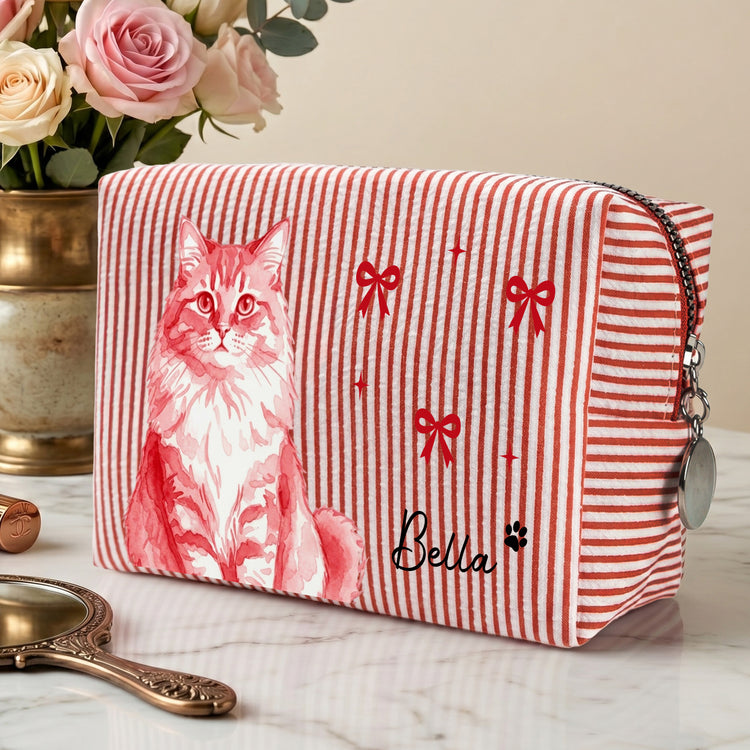 Custom Photo Pet Portrait Watercolor Coquette Bow - Personalized Makeup Bag 2