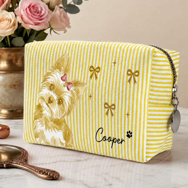 Custom Photo Pet Portrait Watercolor Coquette Bow - Personalized Makeup Bag 3