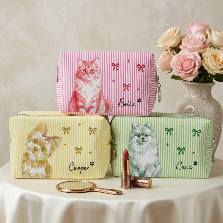 Custom Photo Pet Portrait Watercolor Coquette Bow - Personalized Makeup Bag 4