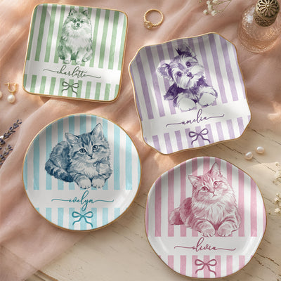 Custom Photo Pet Portrait Watercolor Stripe Coquette - Personalized Jewelry Dish