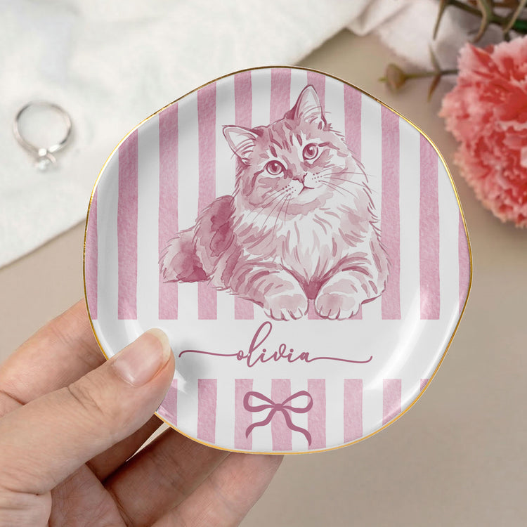 Custom Photo Pet Portrait Watercolor Stripe Coquette - Personalized Jewelry Dish 2