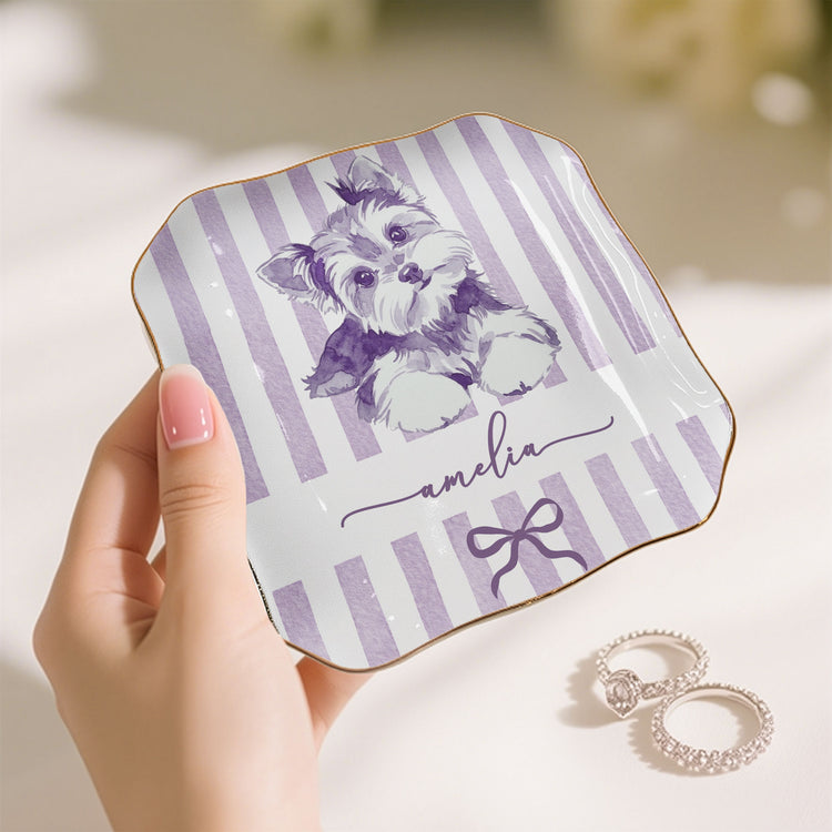Custom Photo Pet Portrait Watercolor Stripe Coquette - Personalized Jewelry Dish 5