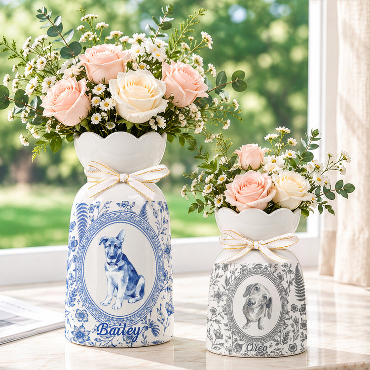 Custom Photo Pet Portrait Watercolor Toile De Jouy - Personalized Vase 1