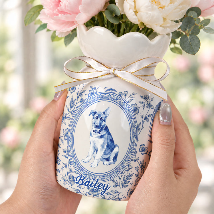 Custom Photo Pet Portrait Watercolor Toile De Jouy - Personalized Vase 4