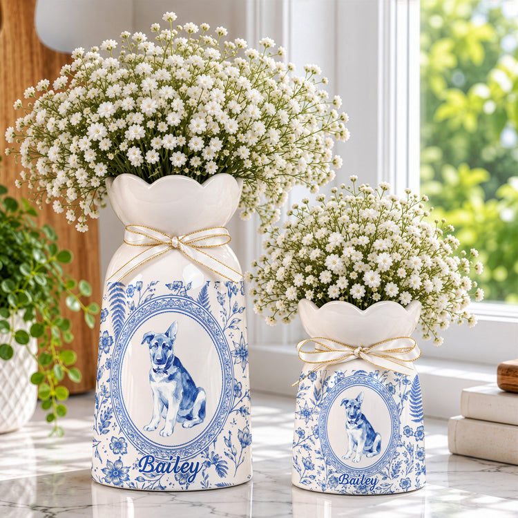 Custom Photo Pet Portrait Watercolor Toile De Jouy - Personalized Vase 5