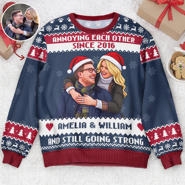 Custom Photo Pixel Art Christmas Annoying Each Other Gifts For Her, Him - Personalized Ugly Sweater 1