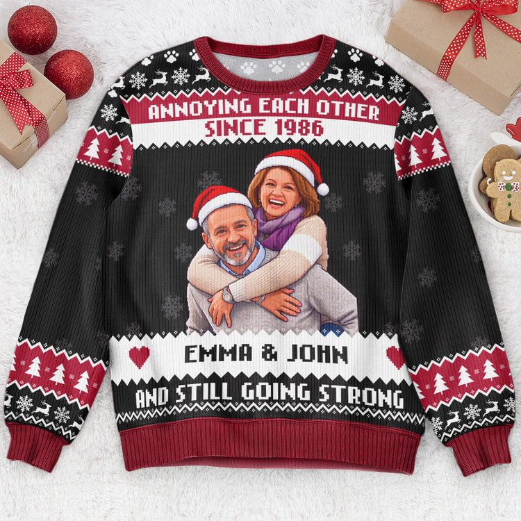 Custom Photo Pixel Art Christmas Annoying Each Other Gifts For Her, Him - Personalized Ugly Sweater 2