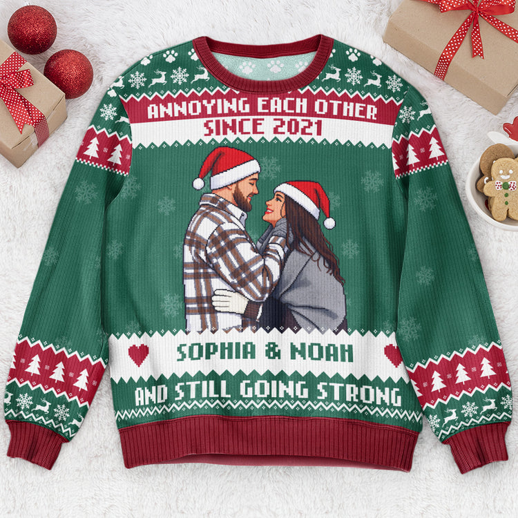 Custom Photo Pixel Art Christmas Annoying Each Other Gifts For Her, Him - Personalized Ugly Sweater 3