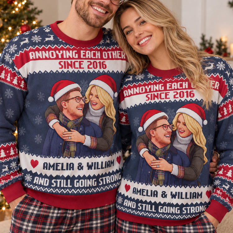 Custom Photo Pixel Art Christmas Annoying Each Other Gifts For Her, Him - Personalized Ugly Sweater 4