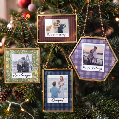 Custom Photo Toile De Jouy Floral Stripe Pattern Couple Gifts First Christmas - Personalized Ornament