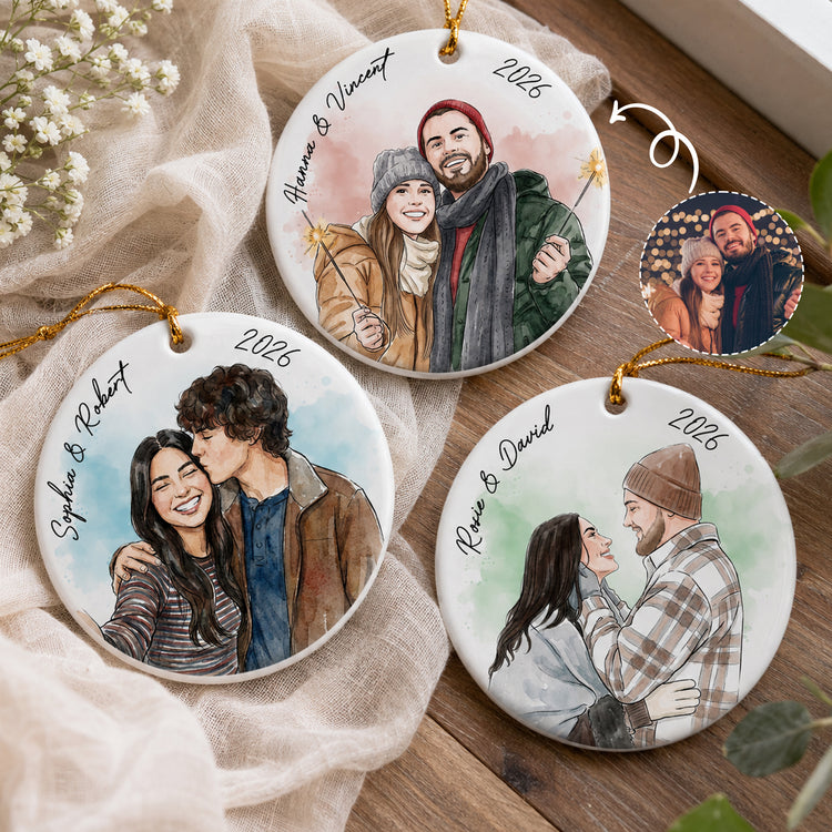 Custom Photo Watercolor Art Anniversary Christmas Gifts For Couple - Personalized Ornament 1