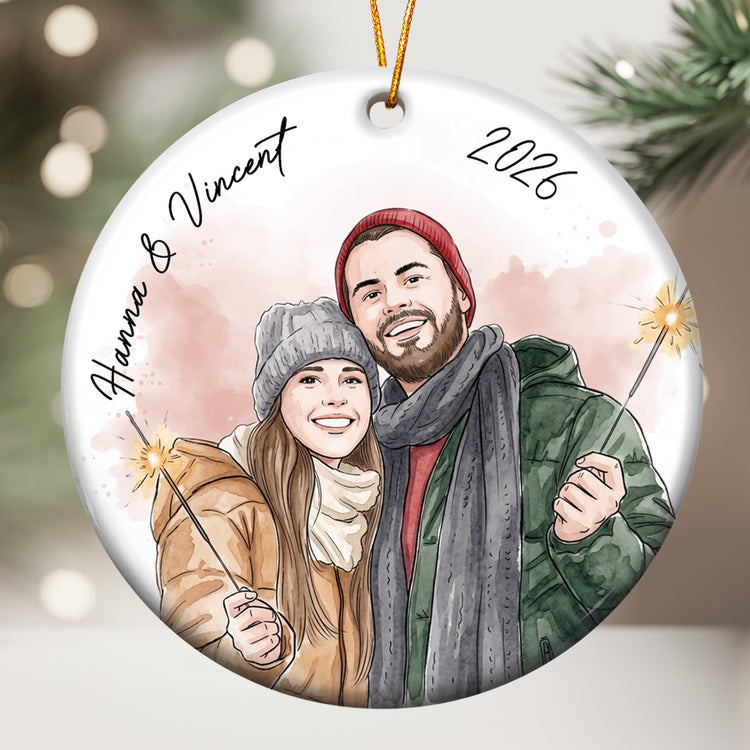 Custom Photo Watercolor Art Anniversary Christmas Gifts For Couple - Personalized Ornament 2