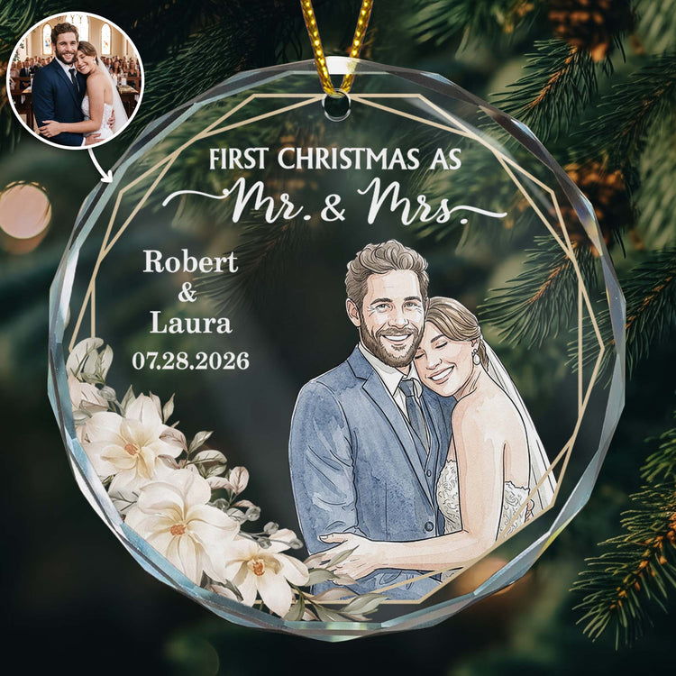 Custom Photo Watercolor Art First Christmas As Mr & Mrs Couple Gifts - Personalized Ornament 1