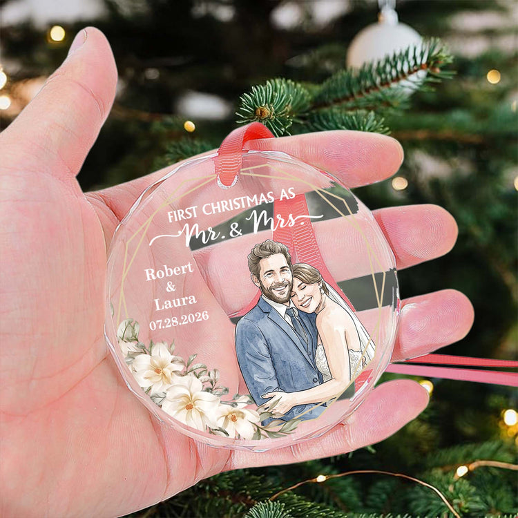 Custom Photo Watercolor Art First Christmas As Mr & Mrs Couple Gifts - Personalized Ornament 3