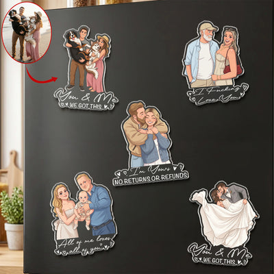 Custom Portrait Cartoon Art Acrylic Magnet, Family Couples With Pets Photo - Personalized Magnet