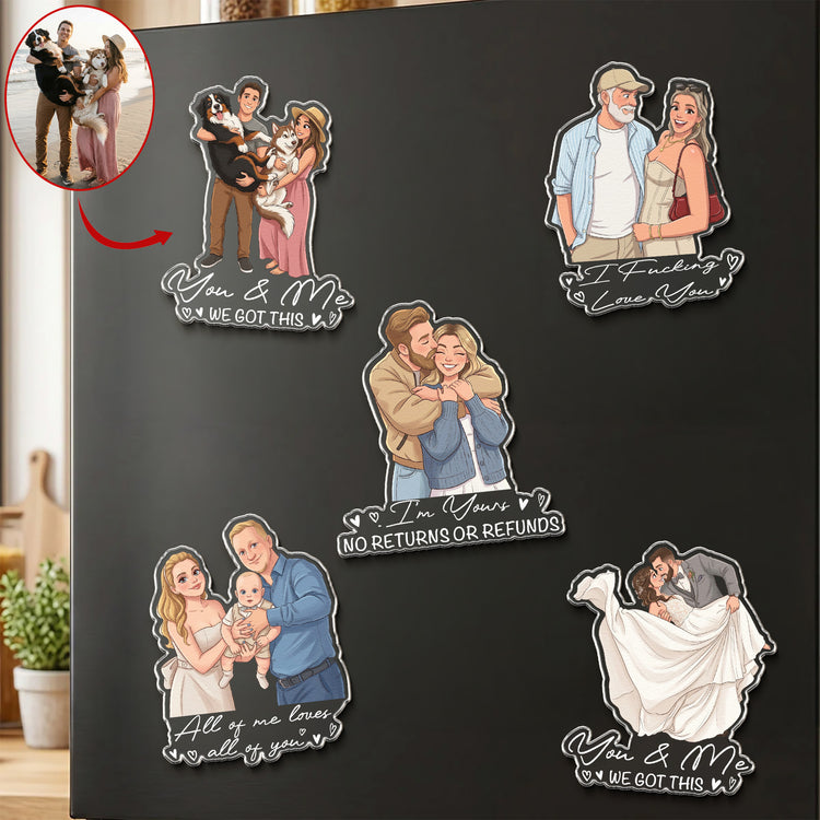 Custom Portrait Cartoon Art Acrylic Magnet, Family Couples With Pets Photo - Personalized Magnet 1