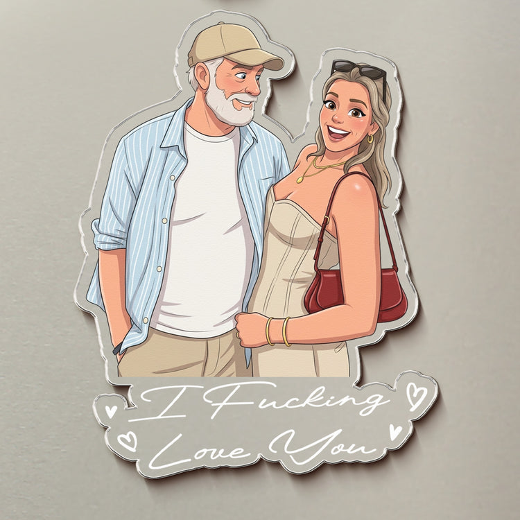 Custom Portrait Cartoon Art Acrylic Magnet, Family Couples With Pets Photo - Personalized Magnet 4