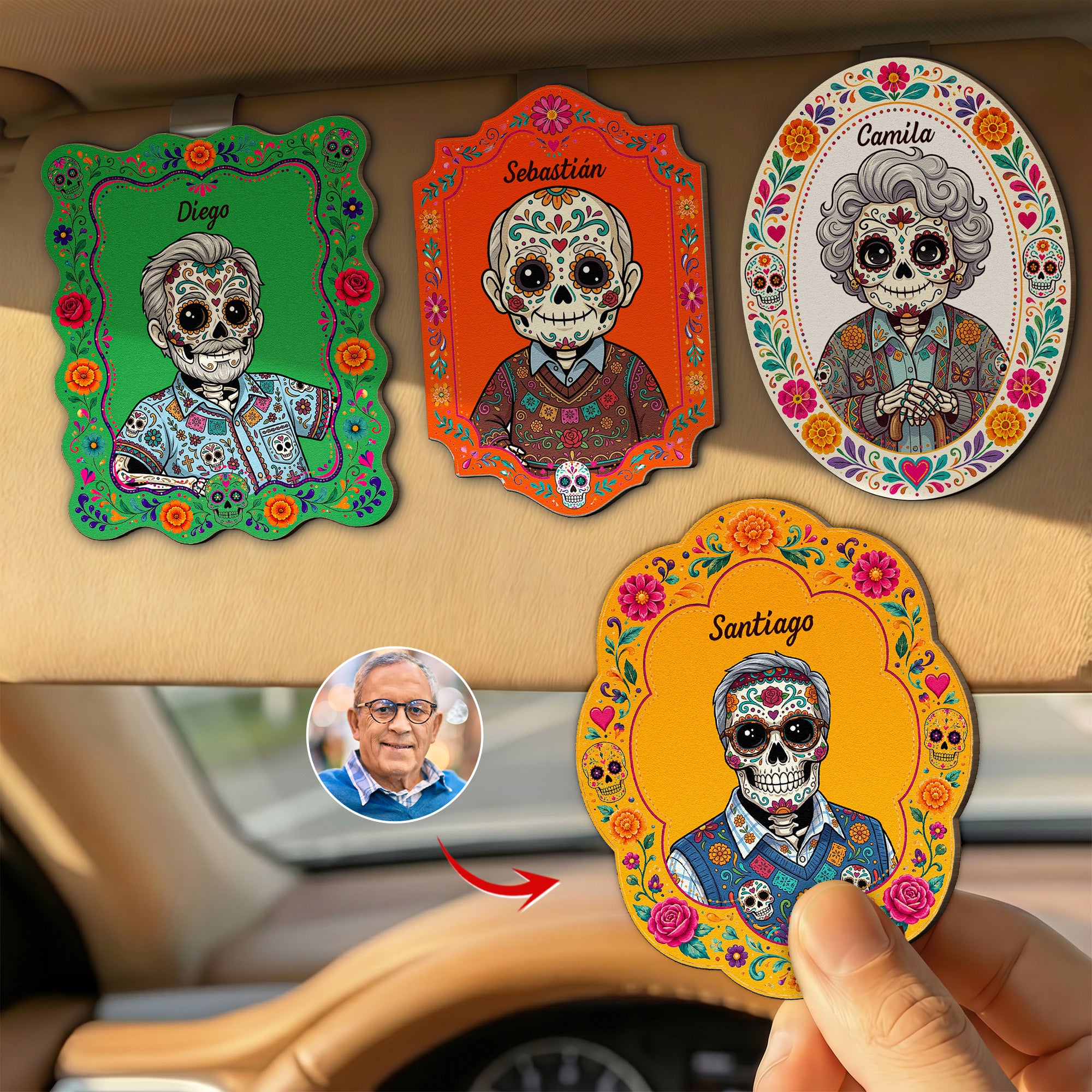 Custom Portrait Day Of The Dead Hispanic Mexican Ancestors - Personalized Car Visor Clip 1
