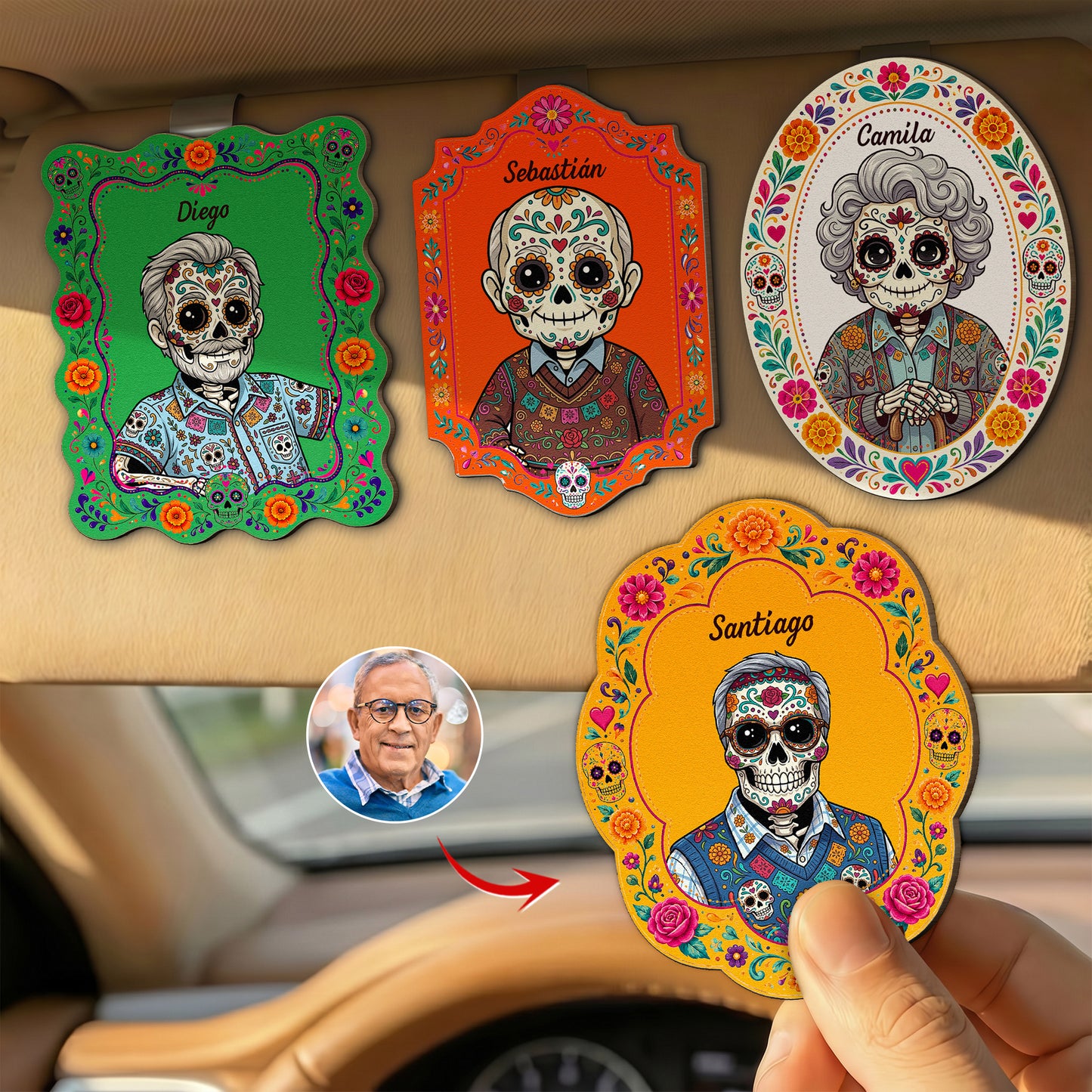 Custom Portrait Day Of The Dead Hispanic Mexican Ancestors - Personalized Car Visor Clip 1