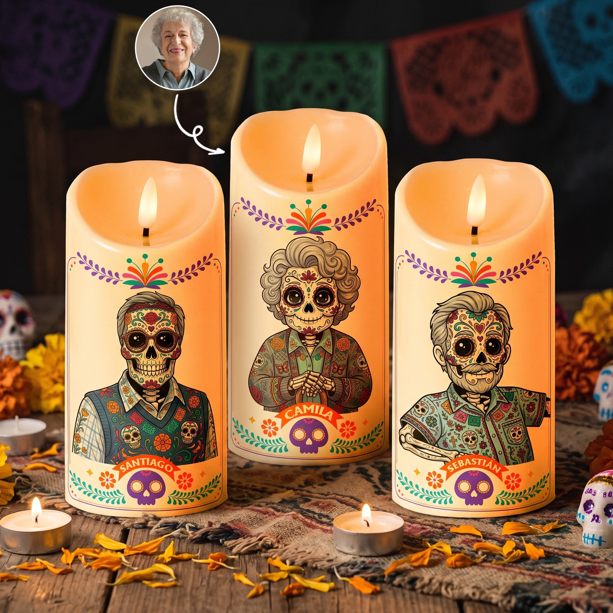 Custom Portrait Day Of The Dead Latinos Mexican Hispanic Style - Personalized Candles 1