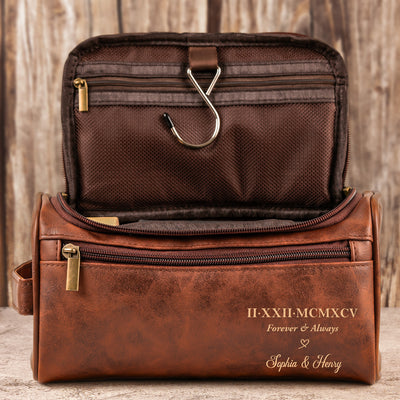 Custom Roman Numeral Date For Groom, Husband, Anniversary Wedding Gifts - Personalized Leather Toiletry Bag