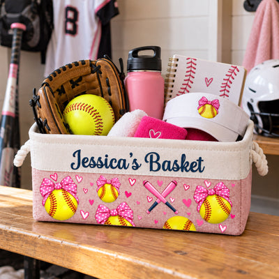 Custom Sport Basket Pink Bow Coquette Softball, Volleyball, Basketball, Soccer - Personalized Storage Basket