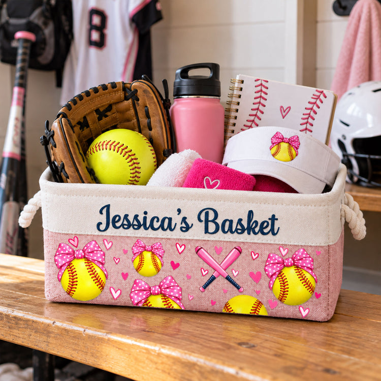 Custom Sport Basket Pink Bow Coquette Softball, Volleyball, Basketball, Soccer - Personalized Storage Basket 1