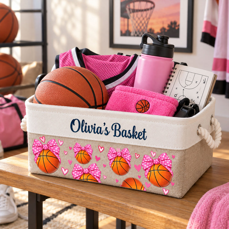 Custom Sport Basket Pink Bow Coquette Softball, Volleyball, Basketball, Soccer - Personalized Storage Basket 4