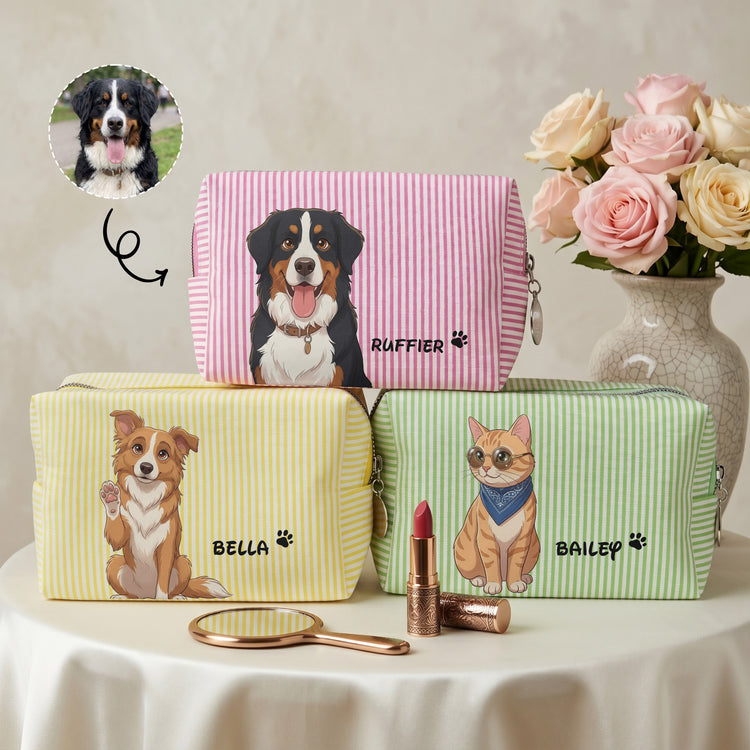 Custom Striped Pattern Pet Portrait Cartoon Art - Personalized Makeup Bag 1