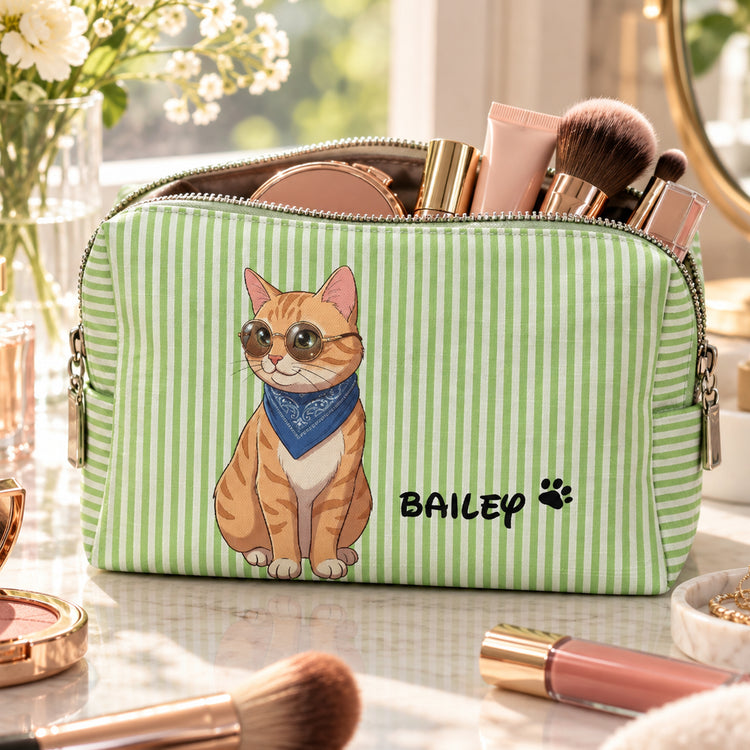 Custom Striped Pattern Pet Portrait Cartoon Art - Personalized Makeup Bag 3