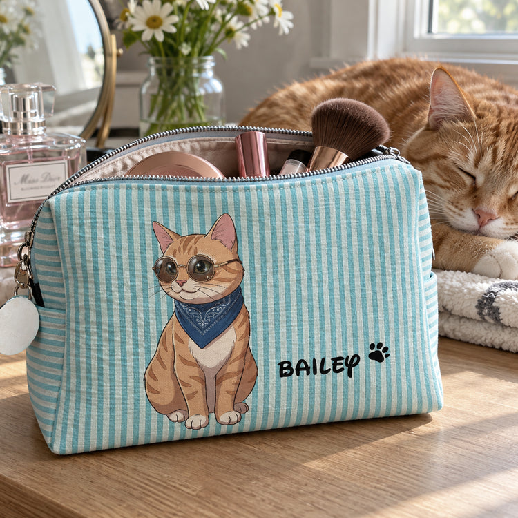 Custom Striped Pattern Pet Portrait Cartoon Art - Personalized Makeup Bag 5