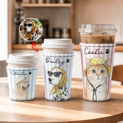 Custom Striped Pattern Watercolor Pet Portrait - Personalized Iced Coffee Sleeve