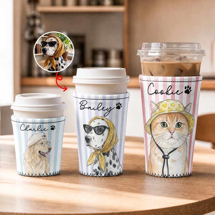 Custom Striped Pattern Watercolor Pet Portrait - Personalized Iced Coffee Sleeve 1