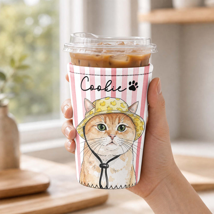Custom Striped Pattern Watercolor Pet Portrait - Personalized Iced Coffee Sleeve 2