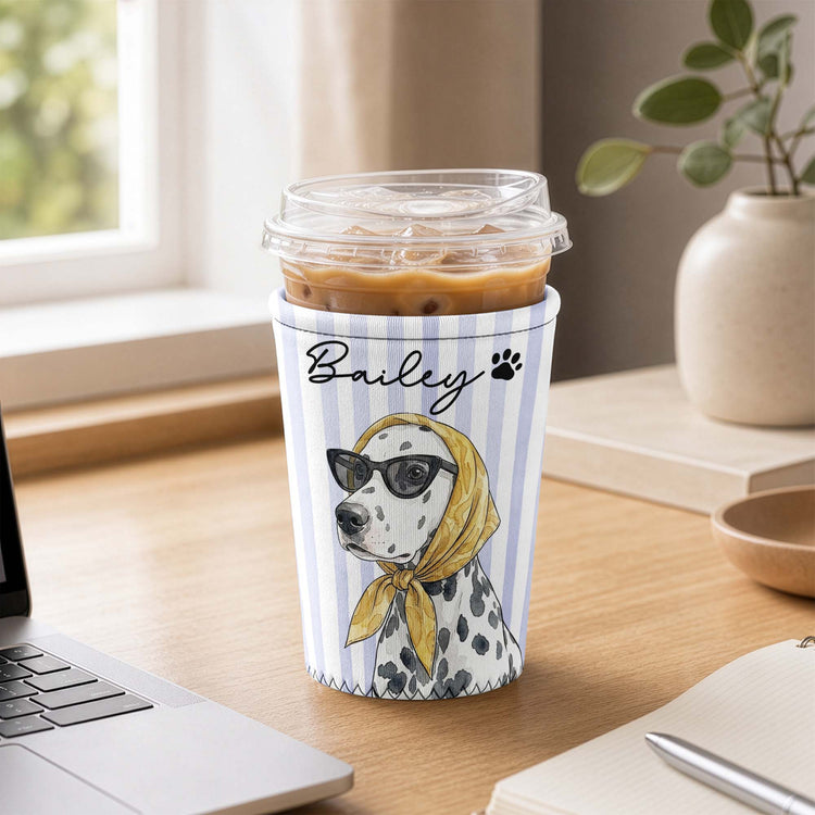 Custom Striped Pattern Watercolor Pet Portrait - Personalized Iced Coffee Sleeve 3