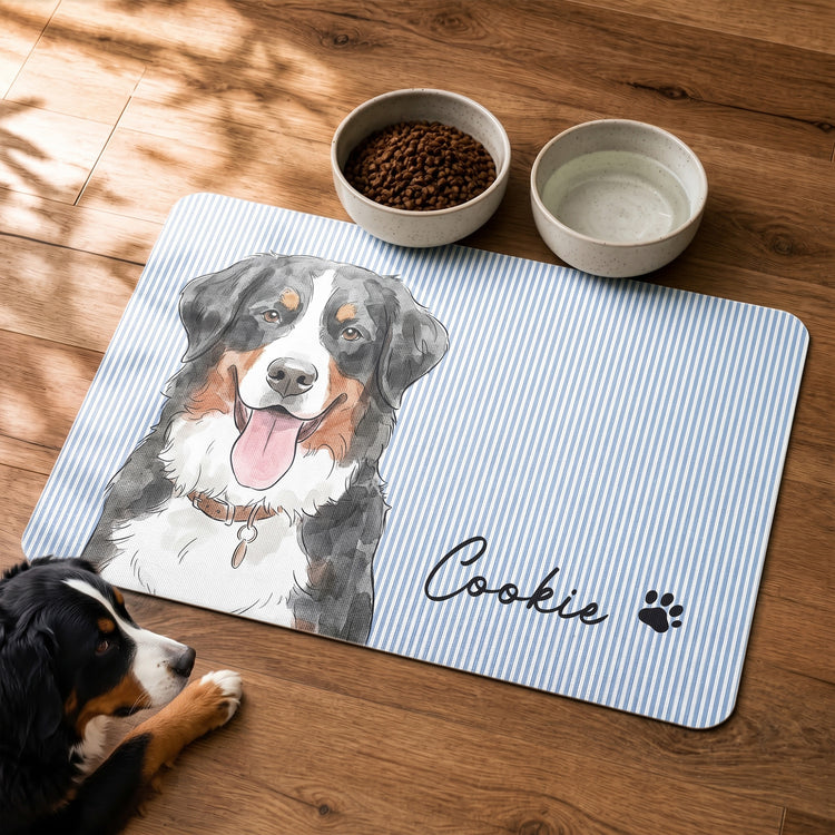 Custom Striped Pattern Watercolor Pet Portrait - Personalized Pet Feeding Mat 1