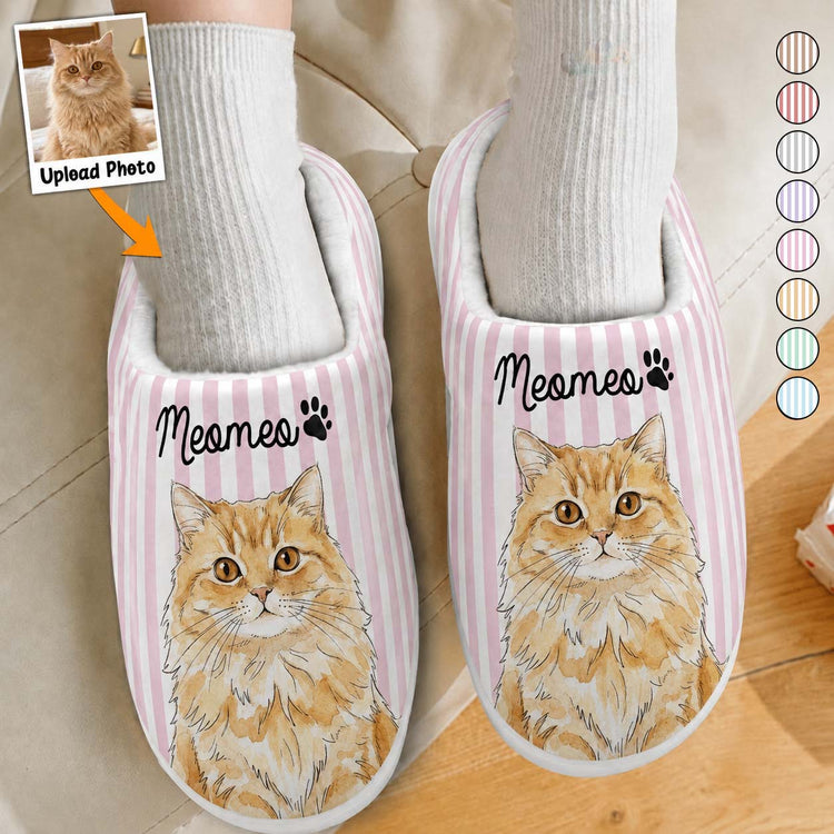 Custom Striped Pattern Watercolor Pet Portrait - Personalized Slippers 1