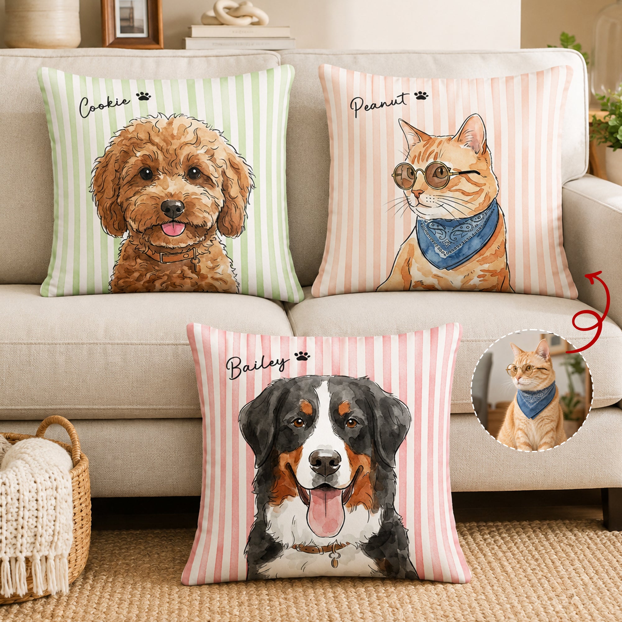 Custom Striped Pet Pillow Watercolor Art - Personalized Pillow 1