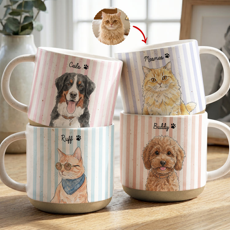 Custom Striped Pet Pottery Mug Watercolor Art - Personalized Mug 1