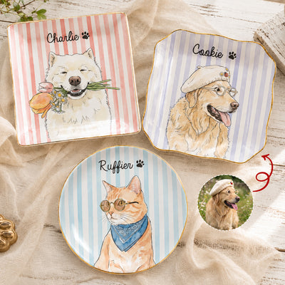 Custom Striped Pet Ring Dish Watercolor Art - Personalized Jewelry Dish