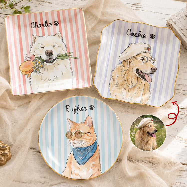 Custom Striped Pet Ring Dish Watercolor Art - Personalized Jewelry Dish 1