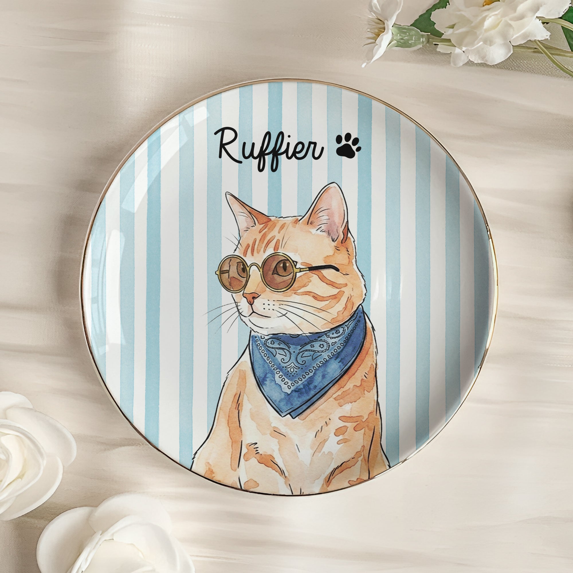 Custom Striped Pet Ring Dish Watercolor Art - Personalized Jewelry Dish 6