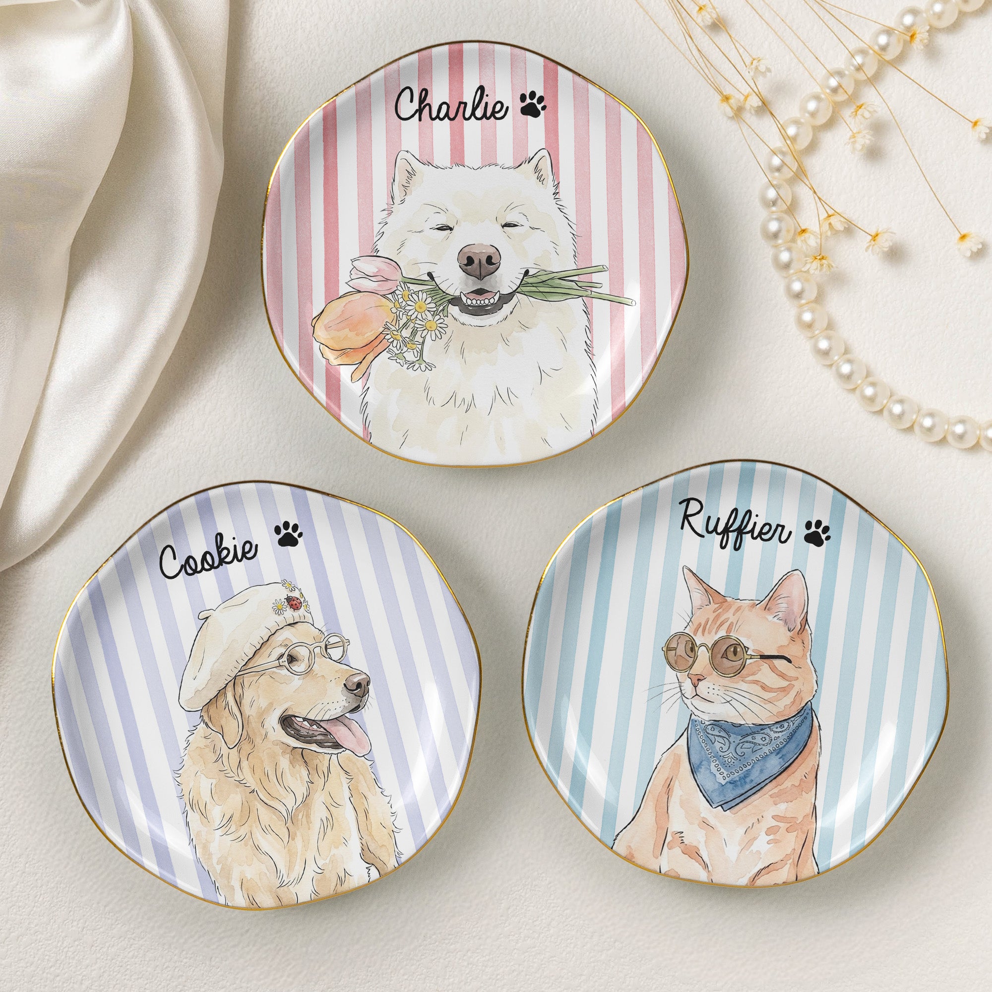 Custom Striped Pet Ring Dish Watercolor Art - Personalized Jewelry Dish 8