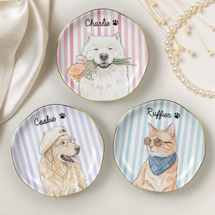 Custom Striped Pet Ring Dish Watercolor Art - Personalized Jewelry Dish 8