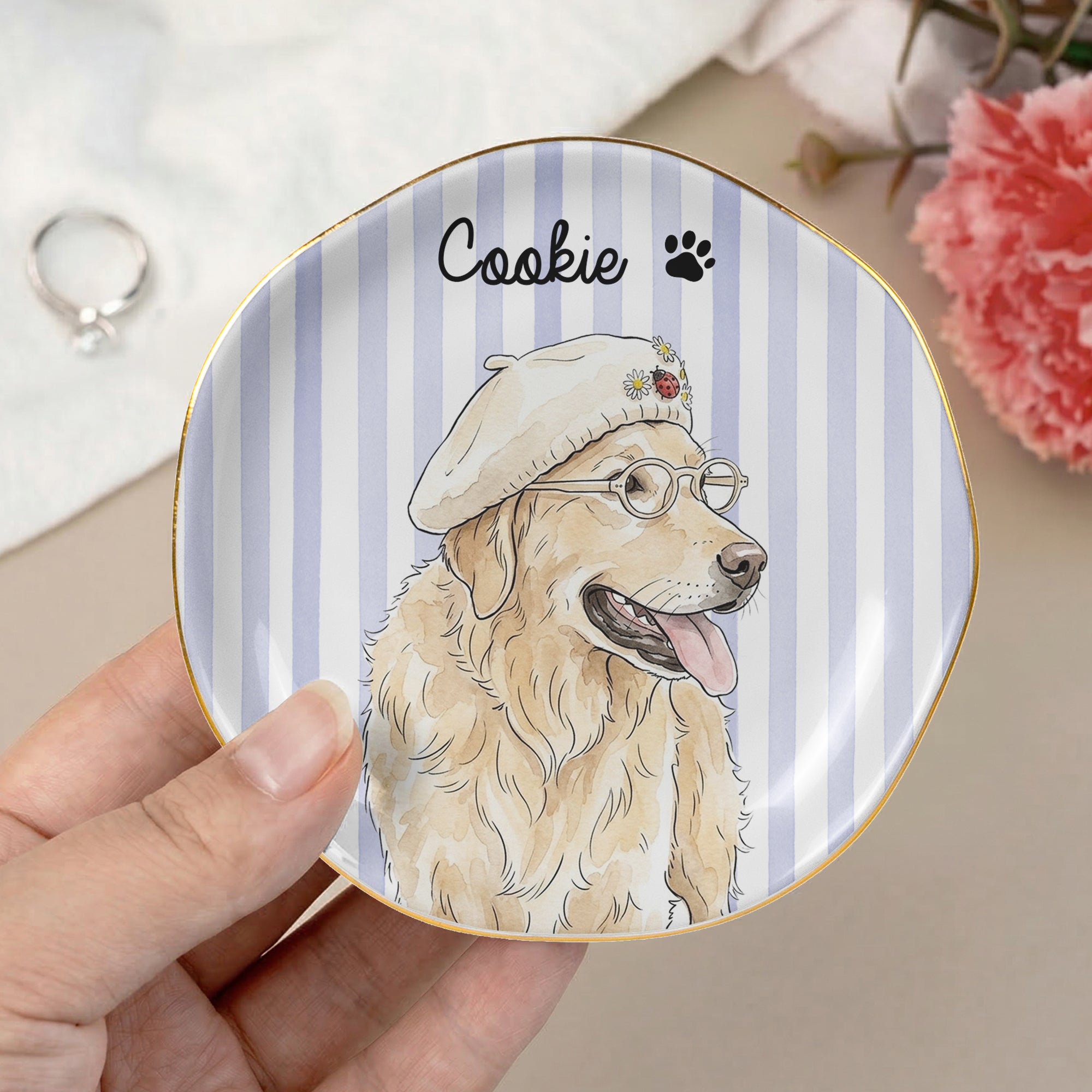 Custom Striped Pet Ring Dish Watercolor Art - Personalized Jewelry Dish 9