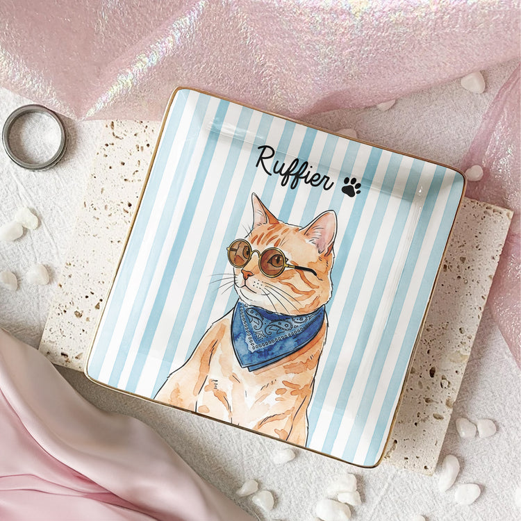 Custom Striped Pet Ring Dish Watercolor Art - Personalized Jewelry Dish 12