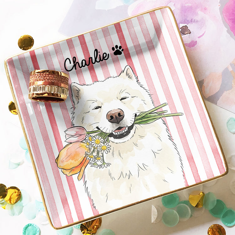 Custom Striped Pet Ring Dish Watercolor Art - Personalized Jewelry Dish 13